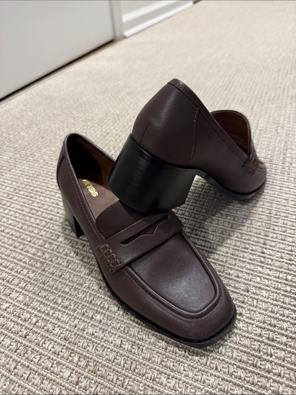 Reiss Dark Brown Leather Block-Heel Loafers
